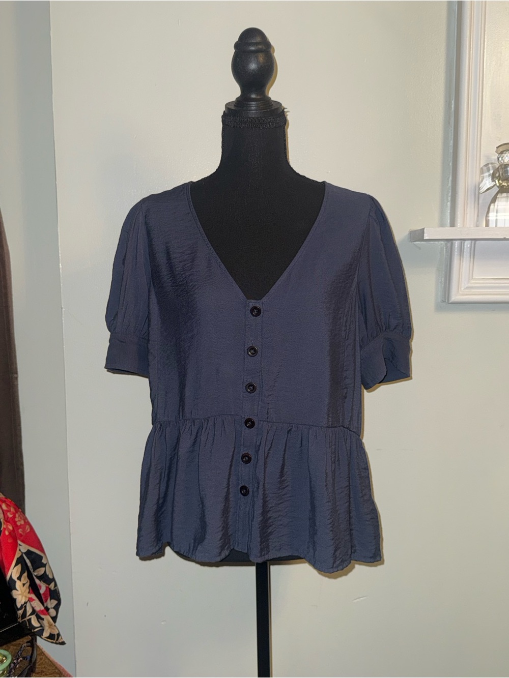 Madewell Navy/Charcoal Button-Front V-Neck Peplum Blouse